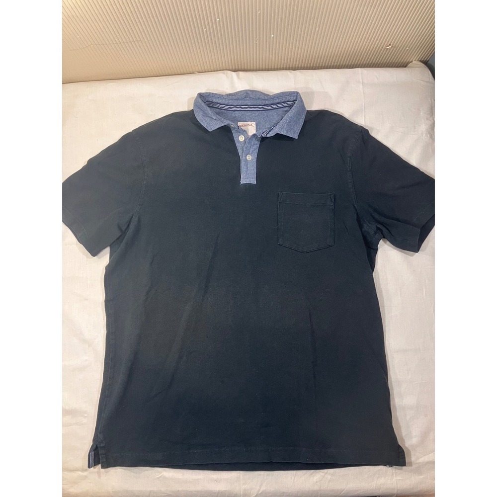 Merona Mens Large Black Short Sleeve Polo Shirt Cotton Chambray Trim VN1042782‎